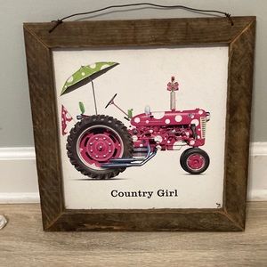 “Country Girl” pink tractor rustic wood framed wall art